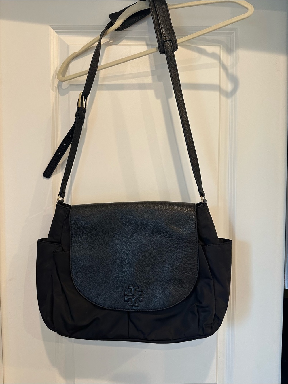 Tory Burch Black Nylon & Pebbled Leather Flap Crossbody with Gold Hardware - Picture 3 of 5